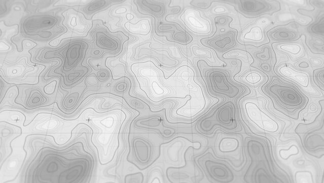 3d Topographic Map Exploration Background/ 4k animation of a 3d topographic map exploration with layered outlined terrain relief and area landmarks and depth of field blur on white torn paper