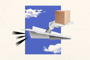 Image sketch picture collage of paper plane delivering supply belongings export goods abroad...