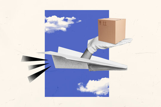 Image sketch picture collage of paper plane delivering supply belongings export goods abroad isolated on white color background