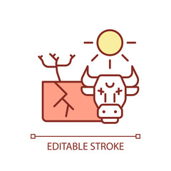 Editable cow icon representing heatflation concept, isolated vector, global warming impact thin line illustration.