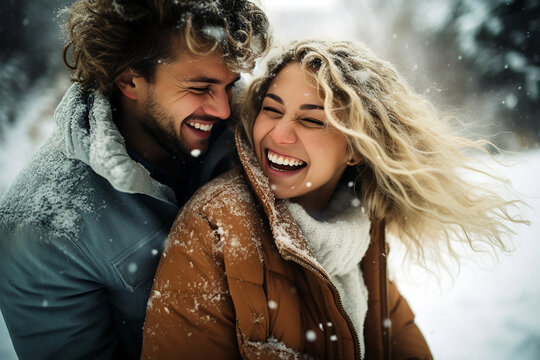 cute and laughing couple in winter, perfect cover for romance books or love stories.
