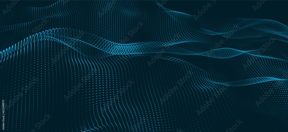 Poster wave of particles. futuristic dots pattern on dark background. big data digital code. technology or 