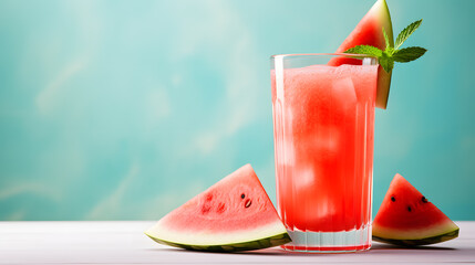 Refreshing watermelon cocktail with mint and ice cubes on pink, blue, green background
