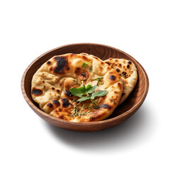 Indian Naan bread in a wooden bowl on a white background