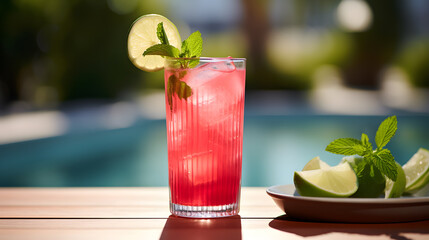Refreshing summer drink with watermelon and ice in a glass on a wooden table on beach background