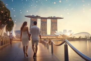 Tuinposter Young couple traveling and walking in Singapore. City in background. Man and woman view from behind. Sunset summer background. Generative AI © Rytis