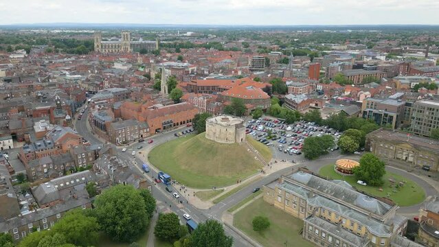 Aerial drone video of Clifford's tower in York, England.