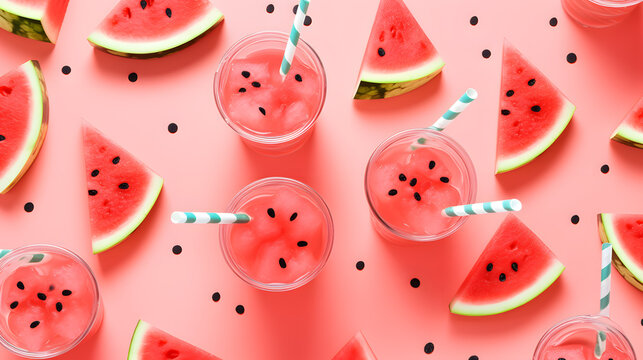 Watermelon smoothie in glasses with straws and slices of waterlemon on pink backgroun top view