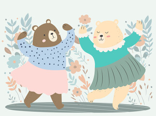 dancing bears in dresses in a flat style, on a white background vector