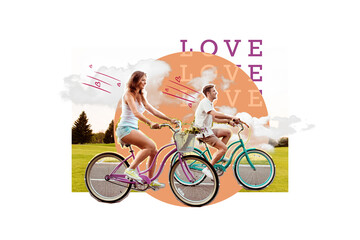 Artwork collage portrait of two peaceful partners ride bicycle outdoors clouds sky painted hearts...