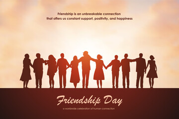Concept poster design for International Friendship Day. A group of eleven people. Silhouettes of people holding hands. Vector illustration
