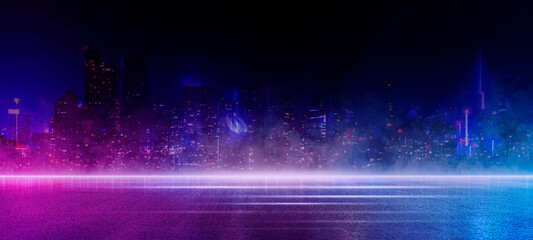 Stage shows, Dark blue background, an empty dark scene, laser beams, neon, spotlights reflecting on the asphalt floor, and a studio room with smoke floating up, a night view of the street, the city