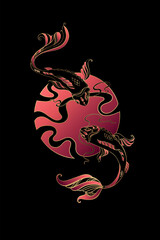 Koi carp - Asian spiritual symbols. Goldfish with silver waves and Japanese character meaning Koi. It can be used for tattoo and embossing or print for interior. T-shirt design.