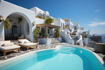 Obraz na płótnie Canvas Exterior view of a luxurious, designer villa in Santorini, showcasing sleek architecture and an infinity pool