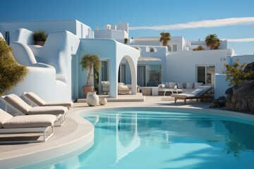 Obraz na płótnie Canvas Exterior view of a luxurious, designer villa in Santorini, showcasing sleek architecture and an infinity pool