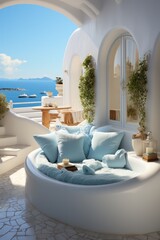 Fototapeta na wymiar Exterior view of a luxurious, designer villa in Santorini, showcasing sleek architecture and an infinity pool