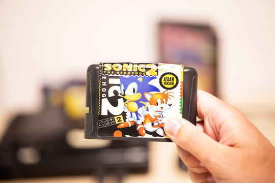 Sevastopol, Russia: July 11, 2023: cartridge with the game Sonic the Hedgehog 2, 1992. Sonic the Hedgehog and the fox Miles Tails Prower. Sonic is the mascot of Sega, which invented games about him