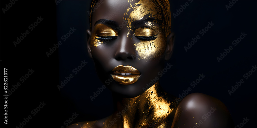 Wall mural Fashion Concept. Closeup portrait of stunning beautiful woman girl in gold paint. illuminated with dynamic composition light. sensual, mysterious, advertisement, magazine