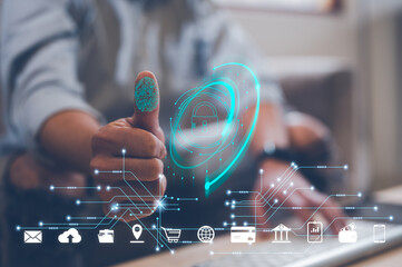scam safe Fingerprint scanning and biometric authentication, processing of biometric for access personal data. surveillance and security scanning of digital programs cyber futuristic applications