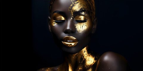 Fashion Concept. Closeup portrait of stunning beautiful woman girl in gold paint. illuminated with dynamic composition light. sensual, mysterious, advertisement, magazine © Sandra Chia