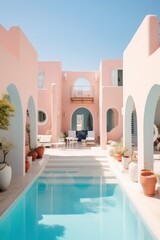 Obraz premium Luxurious infinity pool with a sea view in a sleek, designer villa in Santorini. Luxurious vacation