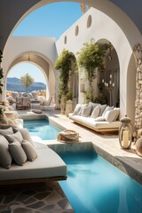 Obraz na płótnie Canvas Luxurious infinity pool with a sea view in a sleek, designer villa in Santorini. Luxurious vacation