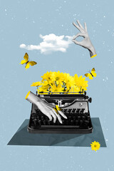 Collage 3d image pinup pop artwork of hands typing copywriter mechanical vintage keyboard yellow...