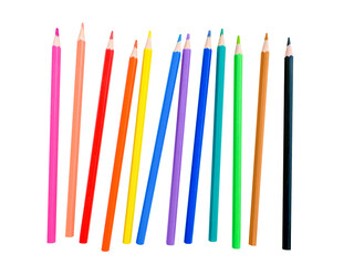 A set of colored, multicolored, wooden pencils. Isolated on a white background. View from above. Close-up. Back to school. Autumn. Copy space