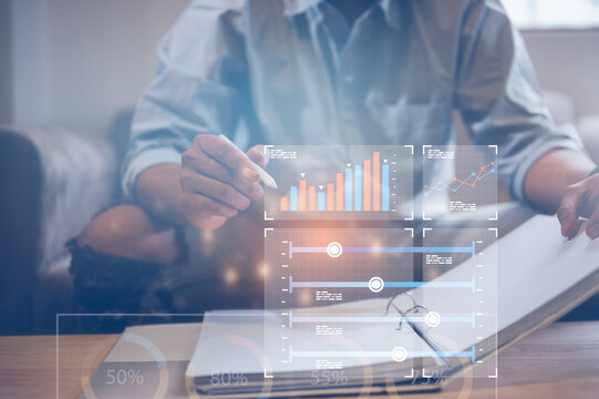 Analyst working with Business Analytics and Data Management System on computer, make a report with KPI and metrics connected to database. Corporate strategy for finance, operations, sales, marketing. - Powered by Adobe