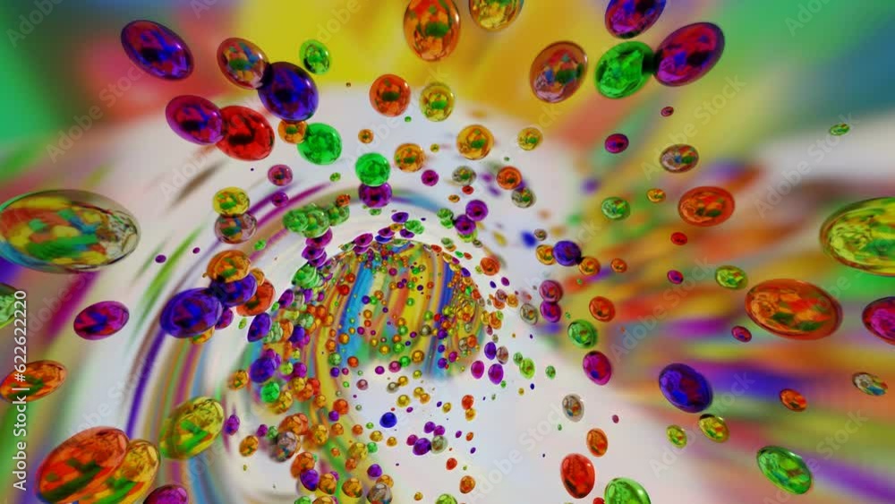 Poster endless movement in a chrome-plated smooth tunnel with multi-colored balls. looped abstract animatio