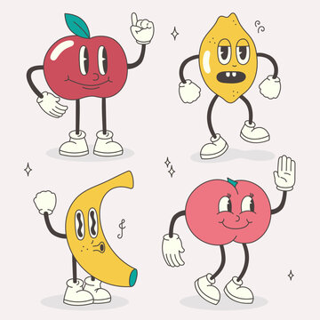 A collection of four fruit characters in a groovy style. Vector set with cartoon images of banana, peach, apple and lemon in the retro style of the 70s-80s.