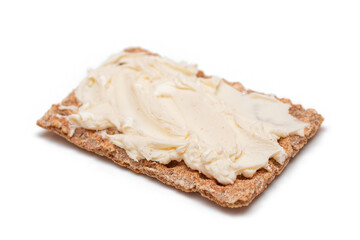 Whole Grain Crispbread with Cream Cheese - Isolated on White. Quick and Healthy Sandwiches. Healthy Dietary Snack - Isolation