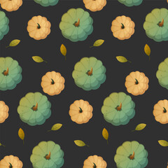 Seamless pattern of whole pumpkins on black background