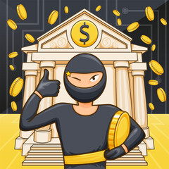Hand-drawn vector illustration of a currency bank with gold coins and a masked man.