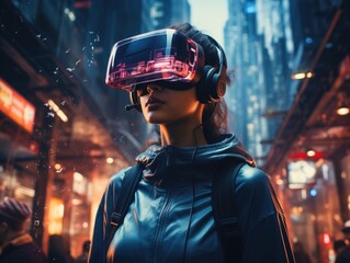 Woman wearing a VR headset, futuristic virtual world, digital art illustration and colorful. Generative AI - obrazy, fototapety, plakaty