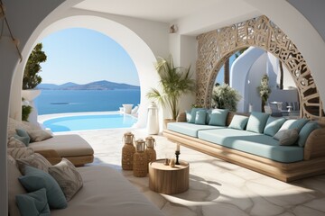 Close-up of luxurious, designer details in a high-end Santorini accommodation with a pool