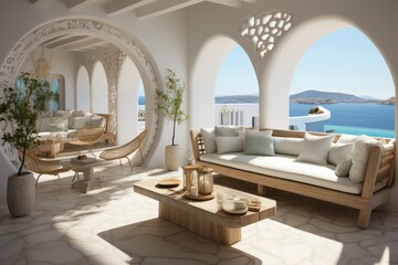 Close-up of luxurious, designer details in a high-end Santorini accommodation with a pool