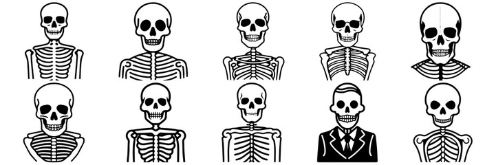 Skeleton silhouettes set, large pack of vector silhouette design, isolated white background