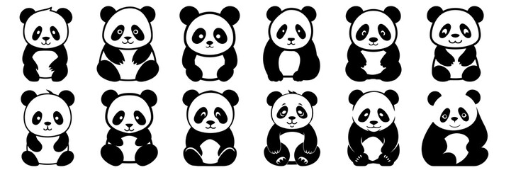 Fototapeta premium Panda silhouettes set, large pack of vector silhouette design, isolated white background
