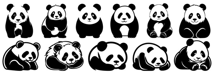 Panda silhouettes set, large pack of vector silhouette design, isolated white background