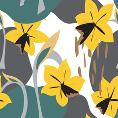 Daffodils, stylized floral pattern. Vector seamless pattern. Bright modern design in a flat style, drawn in a freehand style.