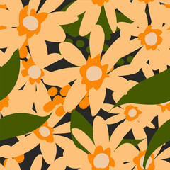 Fototapeta na wymiar Orange flowers, stylized floral pattern. Vector seamless pattern. Bright modern design in a flat style, drawn in a freehand style.