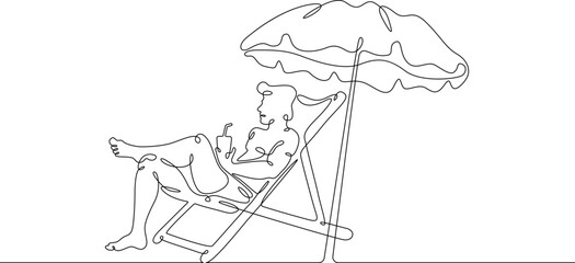 A man is relaxing on the beach. Tourist in a sun lounger under an umbrella. Relax on the beach deck chair.Linear.One continuous line drawn isolated, white background.