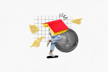Collage illustration of headless student addiction reading literature materials prepare all night...