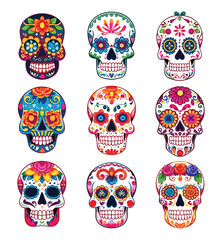 Hand drawn flat dia de muertos skulls collection, Decorated mexican skulls 