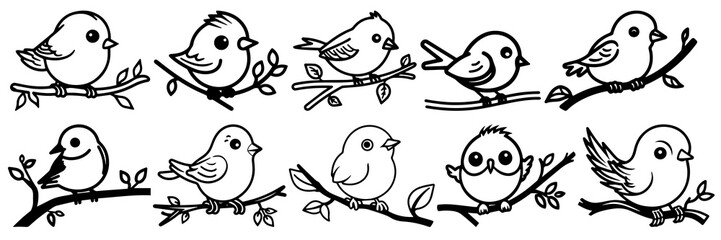 Kawaii bird silhouettes set, large pack of vector silhouette design, isolated white background