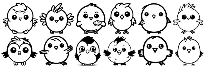 Kawaii bird silhouettes set, large pack of vector silhouette design, isolated white background