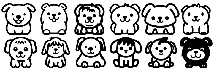 Kawaii dog silhouettes set, large pack of vector silhouette design, isolated white background