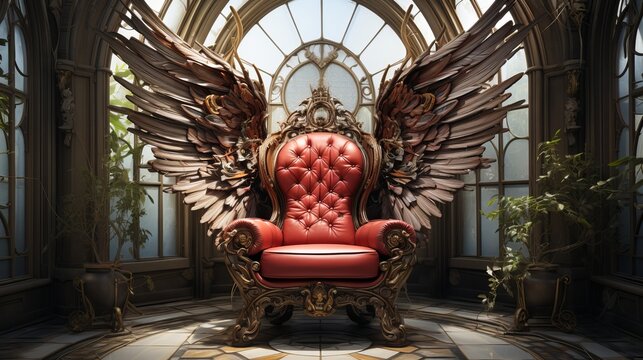 Antique Red Leather Armchair with Angel Wings Generative AI