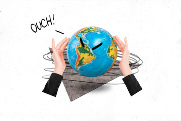 Poster banner collage of human hand doing hurt for globe earth ecological support concept
